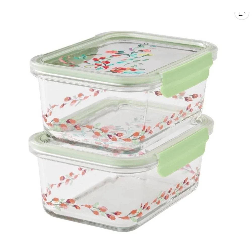 Pioneer Woman Glass Food Storage Container Set 4 Cup Floral Bowls NEW